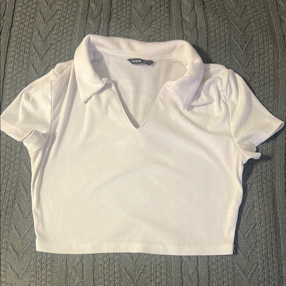 Cider White Cropped Polo Button Down Shirt